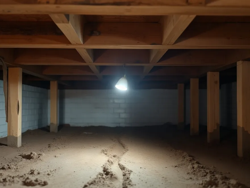 Residential crawl space with exposed joists and a damp earth floor