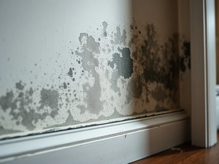Dark mould spotting spreading across an interior wall near the skirting